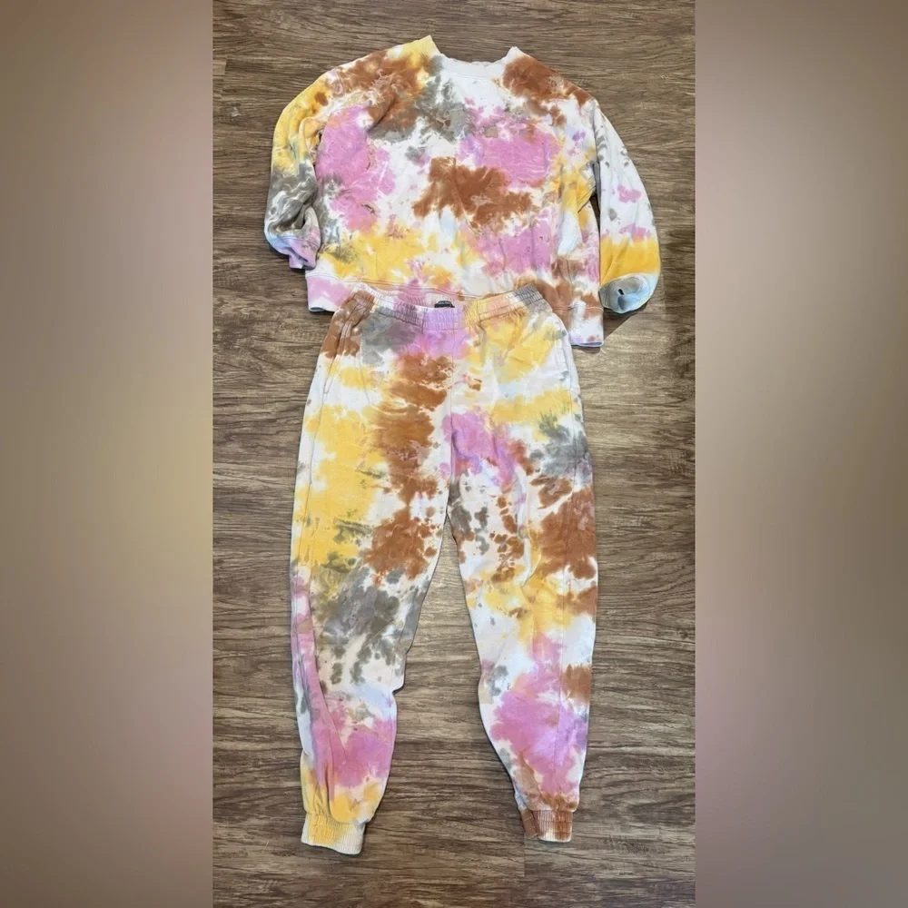 Tie dye jogger comfy sweatsuit athleisure set pink yellow cozy small loungewear - Picture 2 of 6